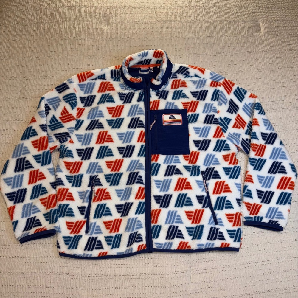 Aldi Gear Mens XL Full Zip Fleece Jacket All Over Logo Print Blue Red White